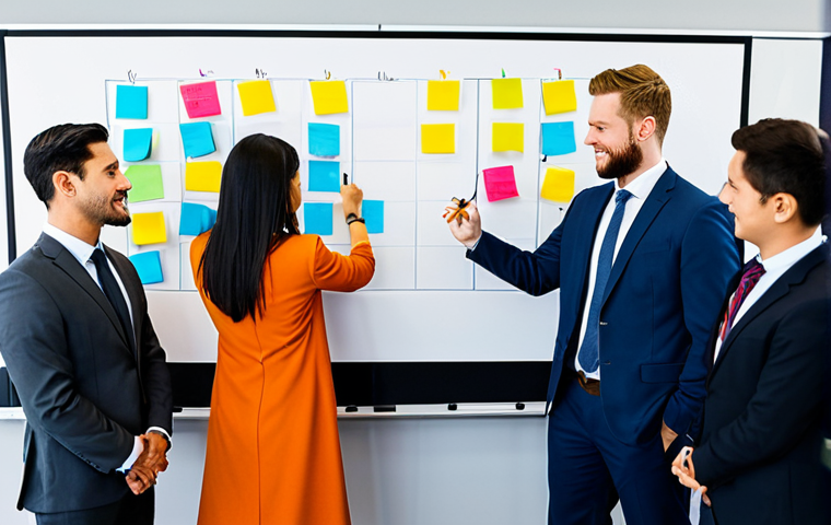 A diverse group of professional men and women, fully clothed in modest business suits and appropriate attire, actively collaborating in a bright, modern office space. They are gathered around a large whiteboard covered with colorful sticky notes, engaged in a dynamic brainstorming session. Some are writing, others are discussing, demonstrating teamwork and an agile mindset. The atmosphere is energetic and innovative. The background features contemporary office furniture and large windows with soft natural light. safe for work, appropriate content, fully clothed, professional, family-friendly, perfect anatomy, correct proportions, natural pose, well-formed hands, proper finger count, natural body proportions, professional photography, high quality.