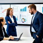 A diverse group of professional business people, fully clothed in appropriate, modest business casual attire. They are actively engaged in a collaborative brainstorming session around a large interactive screen displaying dynamic flowcharts and interconnected concepts, conveying an atmosphere of agility and co-creation. The setting is a bright, modern, open-plan office space with contemporary furniture and ample natural light. perfect anatomy, correct proportions, natural poses, well-formed hands, proper finger count, professional photography, high quality, safe for work, appropriate content, family-friendly.