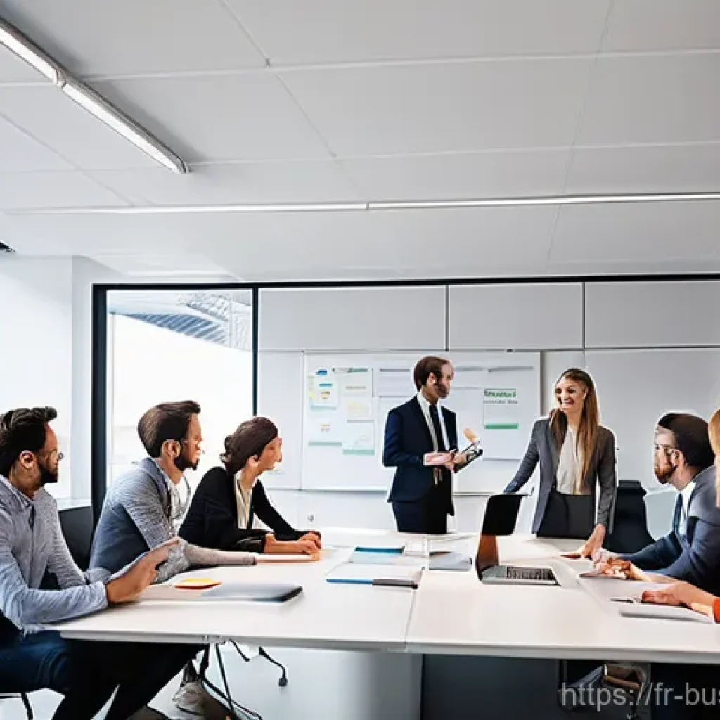 비즈니스 민첩성을 높이기 위한 실천 사례 - **Prompt 1: Collaborative Agile Team in a Modern French Setting**
    "A diverse team of 8-10 profes...