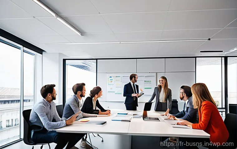 비즈니스 민첩성을 높이기 위한 실천 사례 - **Prompt 1: Collaborative Agile Team in a Modern French Setting**
"A diverse team of 8-10 profes...