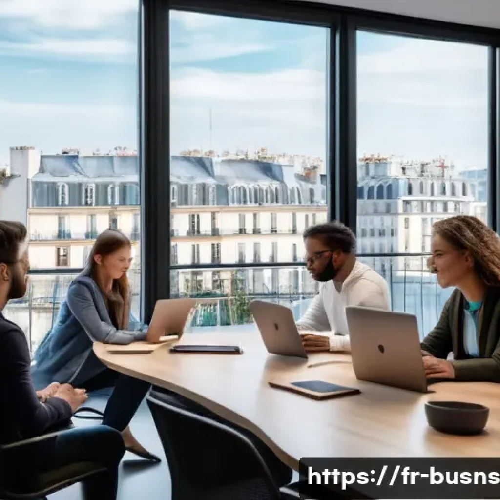 조직의 민첩성 향상을 위한 실천 방안 - A modern office scene in Paris featuring a diverse team of professionals collaborating around a slee...