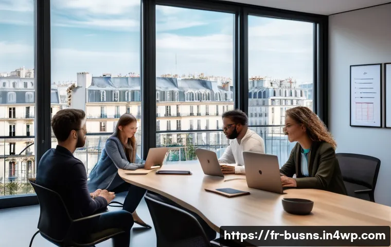 조직의 민첩성 향상을 위한 실천 방안 - A modern office scene in Paris featuring a diverse team of professionals collaborating around a slee...