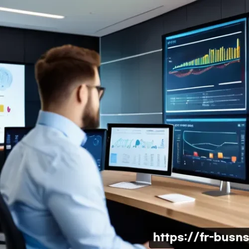 Home 33 비즈니스 민첩성을 위한 KPI 설정 방법 - A modern corporate office scene showing a diverse team of professionals collaborating around a large...