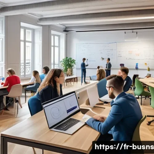 Home 31 비즈니스 민첩성을 위한 학습 조직 구축 - A modern open office space in Paris with diverse professionals actively engaging in a collaborative ...
