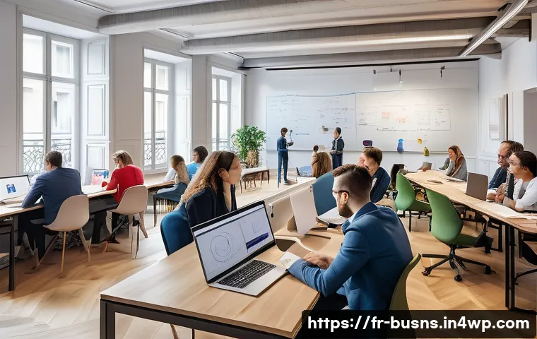 비즈니스 민첩성을 위한 학습 조직 구축 - A modern open office space in Paris with diverse professionals actively engaging in a collaborative ...