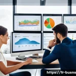 Home 18 비즈니스 민첩성 향상을 위한 성과 분석 기법 - A modern French office environment with a diverse team of professionals collaborating around a large...